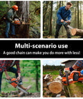 People using All In One 16 Inch Chainsaw Bar And Chain Kit in various outdoor settings cutting logs and trees
