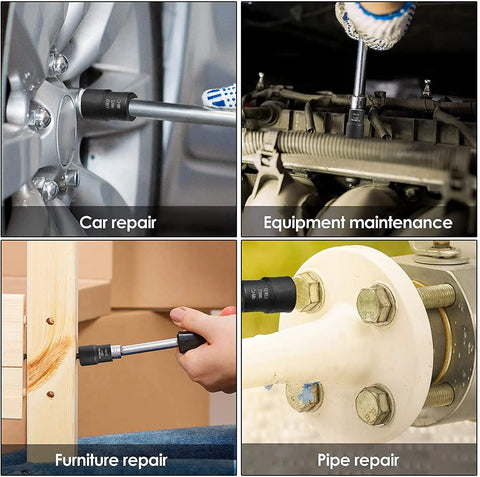 12 Piece Lug Nut Remover Kit With One Half Inch Drive used for car, equipment, furniture, and pipe repair with 10mm to 27mm sizes.