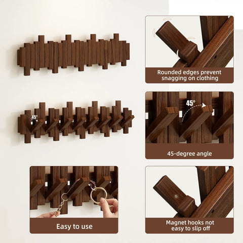 Natural Walnut Wooden Piano Coat Rack Wall Mounted With Eight Heavy Duty Flip Down Hooks For Coats Bags And Keys Space Saving Entryway Stand Keeping Your Sweet Gear Snug And Ready showing rounded edges and 45-degree hooks.