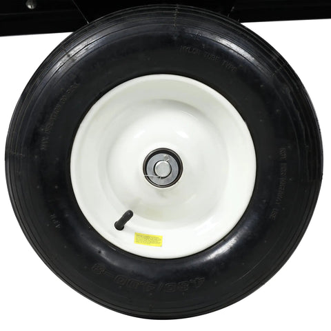 Beefy 750 Lbs Capacity Heavy Duty Steel Dump Trailer Cart With 22 Cubic Feet Hauling Space wheel close-up, 16 in tire