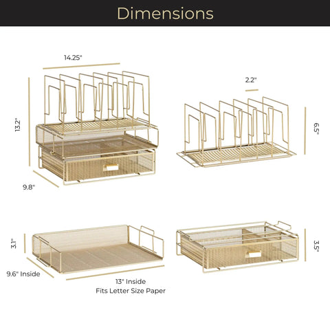 Gold Desk Organizer Set With Detachable File Organizer, Stackable Paper Tray And Storage Drawer dimensions diagram