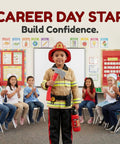 Child wearing Kids Firefighter Costume Props Set With Water Squirt Fire Extinguisher Toy For Role Play, classroom setting