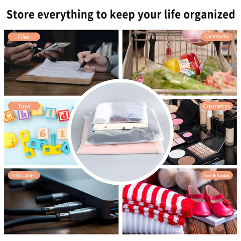 Collage of 20 Pcs Travel Storage Bags For Luggage Organizer Sets Waterproof Resealable Compression Zipper Packing Bags with various uses