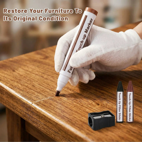 Easy Peasy Wood Furniture Repair Kit Featuring Six Realistic Tone Touch Up Markers And Wax Sticks For Quick Scratch Dent And Nail Hole Fixin On Tables Chairs And Cabinets used on wooden table for scratch repair.