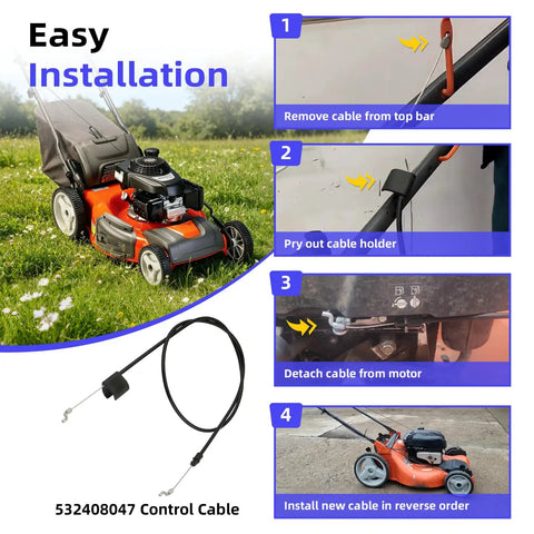 532408047 Zone Control Cable Replacement for Husqvarna lawn mowers, installation steps shown with mower and cable