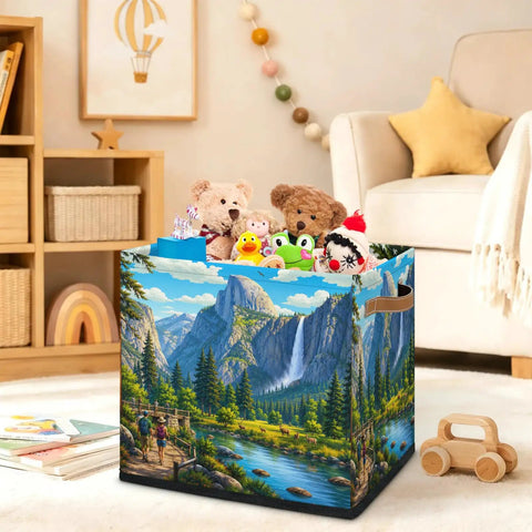 Slick 13 Inch Foldable Cube Storage Bins For Closets And Shelves Easy Clean Waterproof Bin With Reinforced Handles with toys inside.