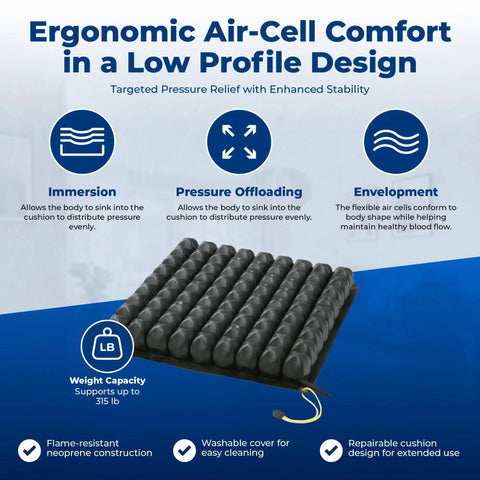 Roho Low Profile Air Cell Wheelchair Cushion Adjustable Inflatable Seat Pad 16-17 Inch showing ergonomic air-cell design for comfort.