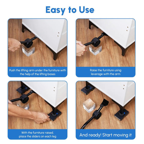 Four-step guide showing use of Heavy Duty Furniture Sliders With Wheels For 700 Lbs Load under a couch for easy movement.