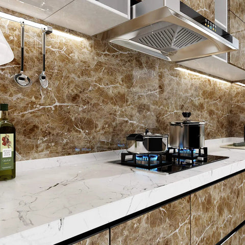 Brown Marble Contact Paper Peel And Stick Countertop Wallpaper For Kitchen Cabinets Waterproof Self Adhesive Removable Vinyl Decor Budget Friendly Easy Install And Clean Durable Faux Granite Look For Home Renovation in a modern kitchen.