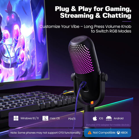 PC Gaming USB Condenser Microphone with RGB Lighting Stand near gaming PC setup with keyboard and monitor