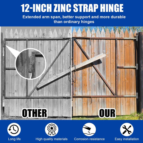 8 Pack 12 Inch Zinc Strap Hinges Set With Wall Mount Gate Hinges Heavy Duty Outdoor Hardware installed on wooden fence gate