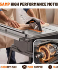 10 Inch Table Saw With Stand, 15 Amp Copper Motor Spins at 5300 Rpm for Badass Cuts through Hardwood, showing blade cutting wood.