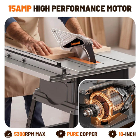 10 Inch Table Saw With Stand, 15 Amp Copper Motor Spins at 5300 Rpm for Badass Cuts through Hardwood, showing blade cutting wood.