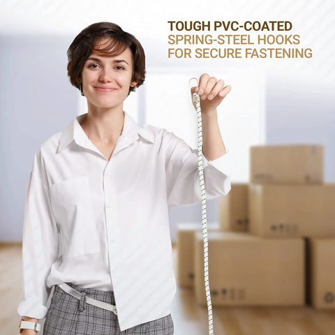 Woman holding 72-inch long heavy duty bungee cord with durable metal hooks for bikes, camping, outdoors; boxes in background