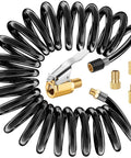 Slick 9.8 Ft Recoil Air Hose Extension With Clip On Chuck And Presta Valve Connector For Air Compressor Tire Inflator Pump Setup, black coil with brass fittings.