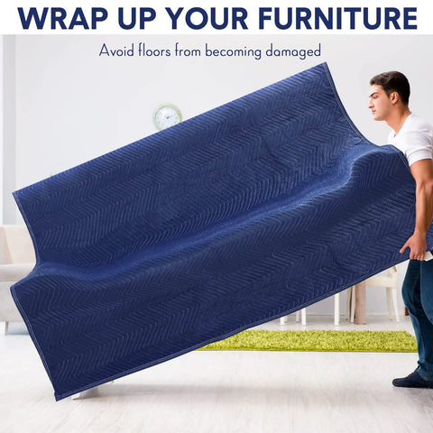 Person wrapping furniture with 12 Pack Moving Blankets 80 X 72 Inch Heavy Duty Padding For Furniture, Appliances, And Floors During Moving Or Storage