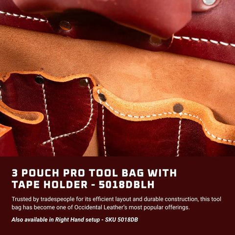 Close-up of Left Handed 3 Pouch Pro Tool Bag With Tape Holder 11 Pockets And Tool Holders Heavy Duty Carpenters Organizer