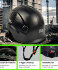 Heavy Duty Abs Safety Helmet With Built In Visor And Quick Air Vent Osha Certified For Actual Job Sites Giving Rock Solid Head Protection In Classic Black Finish. View of helmet with adjustment features and construction background.