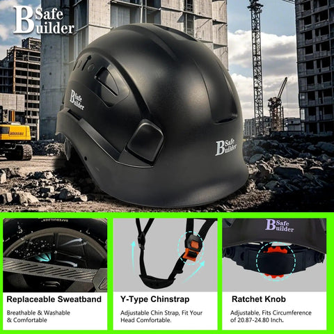 Heavy Duty Abs Safety Helmet With Built In Visor And Quick Air Vent Osha Certified For Actual Job Sites Giving Rock Solid Head Protection In Classic Black Finish. View of helmet with adjustment features and construction background.