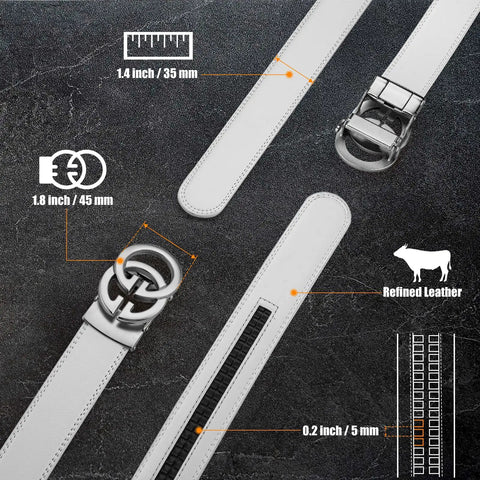 Mens Leather Ratchet Belt With Luxury Designer Buckle, Adjustable Dress Belt For A Perfect Fit, S White 1 Color details