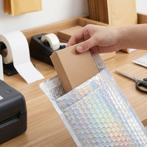 Packing a box into Glitter Bubble Mailers 30 Pack Tear Resistant Shipping Bags For Jewelry Makeup Gifts And Small Items Thick Protective.
