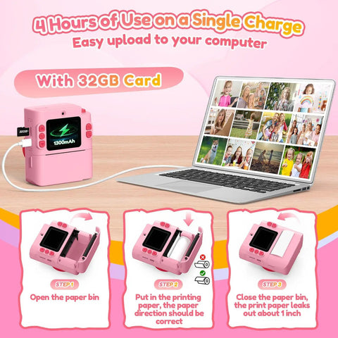 Kids Camera With Instant Print No Ink Thermal Photo Printer Pink For Ages 3 To 12, Easy Snap And Share, Perfect Birthday Gift For Girls, Inkless Printing, Color Paper Optional Not Included, Durable Fun For Young Shutterbugs pink camera with 32GB card and laptop