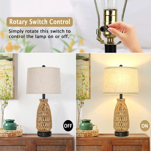 Set Of 2 Rattan Table Lamps With USB Ports, showcasing rotary switch and cream fabric shade on and off settings.