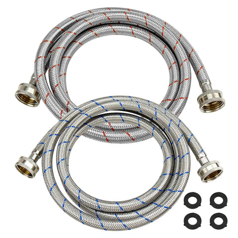 6 Ft Braided Stainless Steel Washing Machine Hoses 2 Pack Cold Blue And Hot Red Water Supply Lines with fittings and gaskets