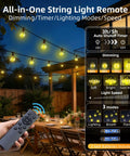Person using remote to control 100Ft Solar String Lights Outdoor Waterproof G40 Shatterproof Bulbs on a patio deck garden