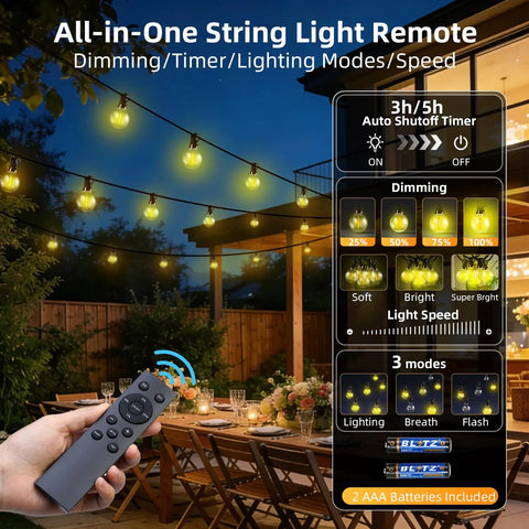Person using remote to control 100Ft Solar String Lights Outdoor Waterproof G40 Shatterproof Bulbs on a patio deck garden