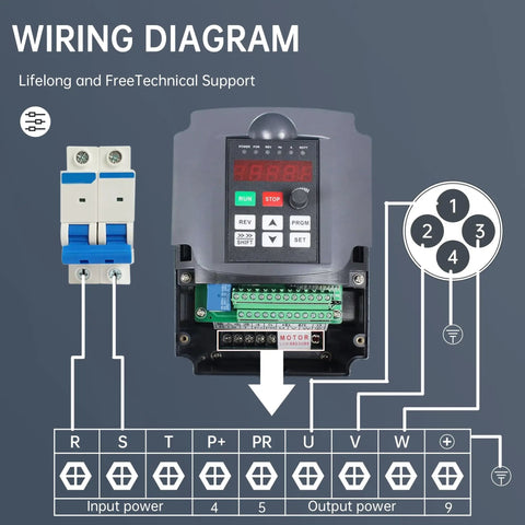 Wiring diagram for 2.2KW 110V Air Cooled Spindle Motor Kit With ER20 Collet 24000 RPM VFD Inverter, single to 3 phase drive setup