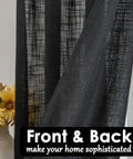 Cozy Tassel Linen Textured Swag Curtain Valance With Light Filtering Privacy For Farmhouse Kitchen Vibe And Small Windows 36x36 Two Pack In Black Durable Linen Blend For A Draped Look With Rod Pocket Top, close-up of fabric texture front and back