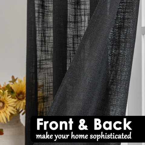 Cozy Tassel Linen Textured Swag Curtain Valance With Light Filtering Privacy For Farmhouse Kitchen Vibe And Small Windows 36x36 Two Pack In Black Durable Linen Blend For A Draped Look With Rod Pocket Top, close-up of fabric texture front and back