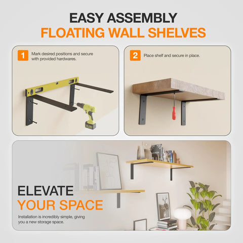 Instructions for assembling Heavy Duty 8 Inch L Shelf Brackets Pack Of 6 Black for floating shelves on wall.