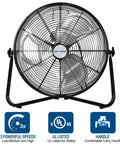 Built Tough 20 Inch Heavy Duty Floor Fan With Three Speed Settings Delivers 3900 To 4650 CFM Of High Velocity Airflow For Garage Shop Greenhouse And More Wall Mountable For Flexible Cooling with UL certification icons and speed info at the bottom.