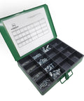 Killer Self Locking Threaded Insert Kit Metric Standard Wall 140 Piece Steel Fasteners in green organizer case for auto repair.