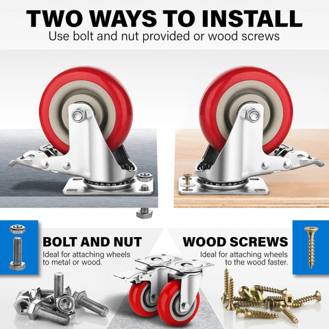 Heavy Duty 4 Inch Caster Wheels Set Of 4 With Brakes 2200 Lbs Load Capacity installation options with bolts and screws