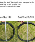 Comparison of normal 24x1.75 tire with Airless Solid 24x1.75 Bike Tire No Flat Non Pneumatic Puncture Proof Road Bike Tire.