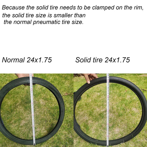 Comparison of normal 24x1.75 tire with Airless Solid 24x1.75 Bike Tire No Flat Non Pneumatic Puncture Proof Road Bike Tire.