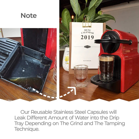 Red espresso machine with coffee cup, drip tray, and text about reusable stainless steel capsules for Nespresso Original Machines.