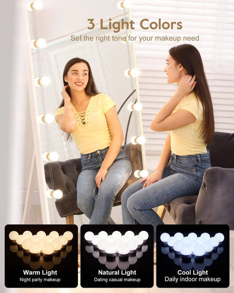 Woman using 14 Bulb Dimmable Hollywood Style Makeup Vanity Lights Kit with 22ft Adjustable Fixtures, warm and cool light settings.