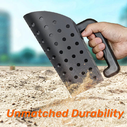 Hand holding black All In One Beach Shovel And Sand Sifter Set For Shelling, Shark Tooth Hunting, Treasure Digging And Metal Detecting