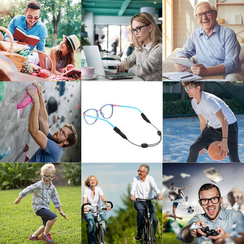 Two Hole Adjustable Eyeglasses Strap For Kids And Adults Lanyard Eyewear Retainer centered among active lifestyle scenes.