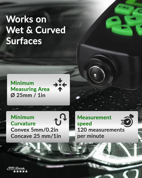 Pro Grade Paint Thickness Gauge For Auto Detailing And Inspections, 0-2000µm Range With 0.001 Mil Resolution, Fe/NFe Auto Detection, USB Data Export, Real World Coating Check For Repaints And Car Coating Condition on wet curved car surface