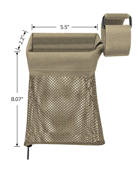 Heat Resistant Mesh Brass Shell Catcher With Padded Casing Quick Release Brass Catcher With Zippered Bottom Easy Install Buckle Straps And Nylon Hook And Loop Cartridge Collector For Spent Rounds, showing dimensions.