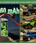 Two Pack 7.4V 360mAh LiPo Battery 2S With PH2.0 Plug And Aluminum Side Plate For RC Cars And Crawlers with three model cars