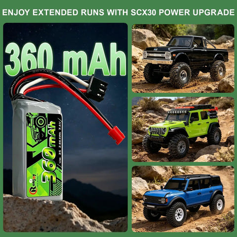 Two Pack 7.4V 360mAh LiPo Battery 2S With PH2.0 Plug And Aluminum Side Plate For RC Cars And Crawlers with three model cars