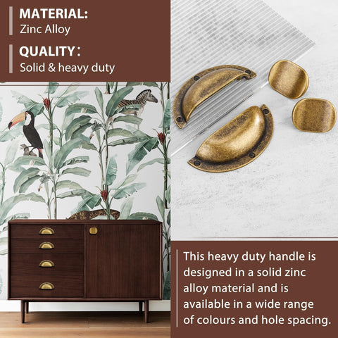 Six Pack Antique Brass Zinc Alloy Cabinet Knobs Heavy Duty Solid Square Pulls shown on wooden dresser, rustic hardware