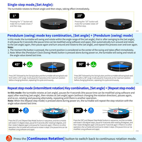 Large Programmable Electric Rotating Platform For Pro Photography And 3D Scanning With Bluetooth And Usb Control Api Ready Custom Workflow Built Different Studio Setup Lazy Susan Display Stand showing control modes and settings for rotation features.