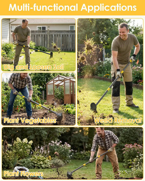 Men using Heavy Duty Long Handle Garden Hoe And Weeder Tool For Weeding And Loosening Soil 2 In 1 Garden Hoe in various yard tasks